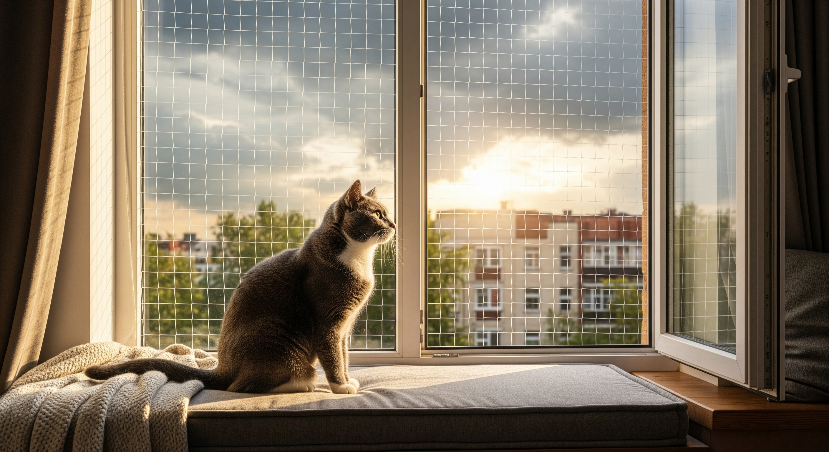 Gato en un balcón seguro con una red